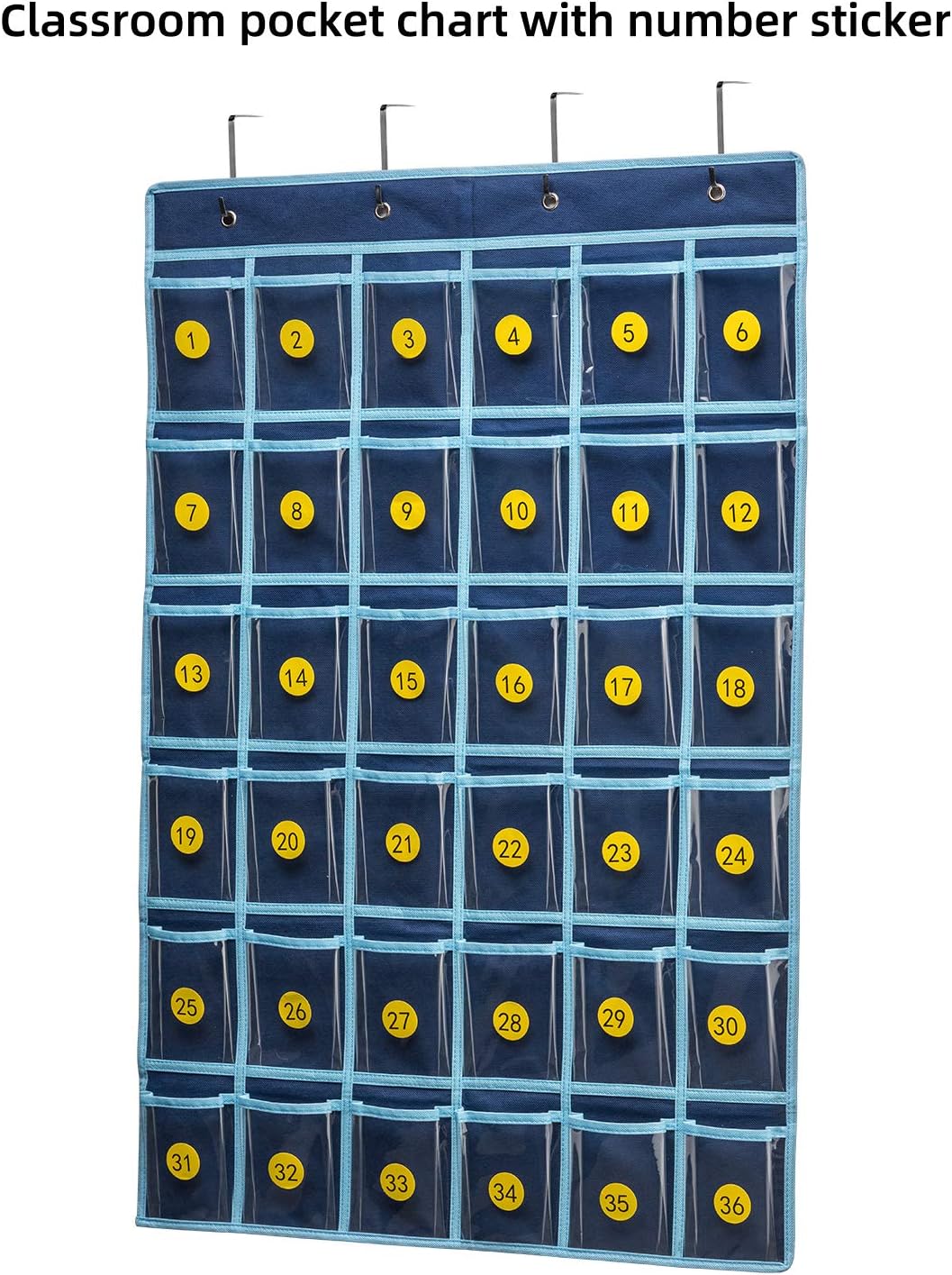 36 Clear Pockets Classroom Pocket Chart for Cell Phone and Calculator Holder, Door Hanging Pocket Chart for Classroom Phone Holder with Number Sticker and Hooks (Blue)
