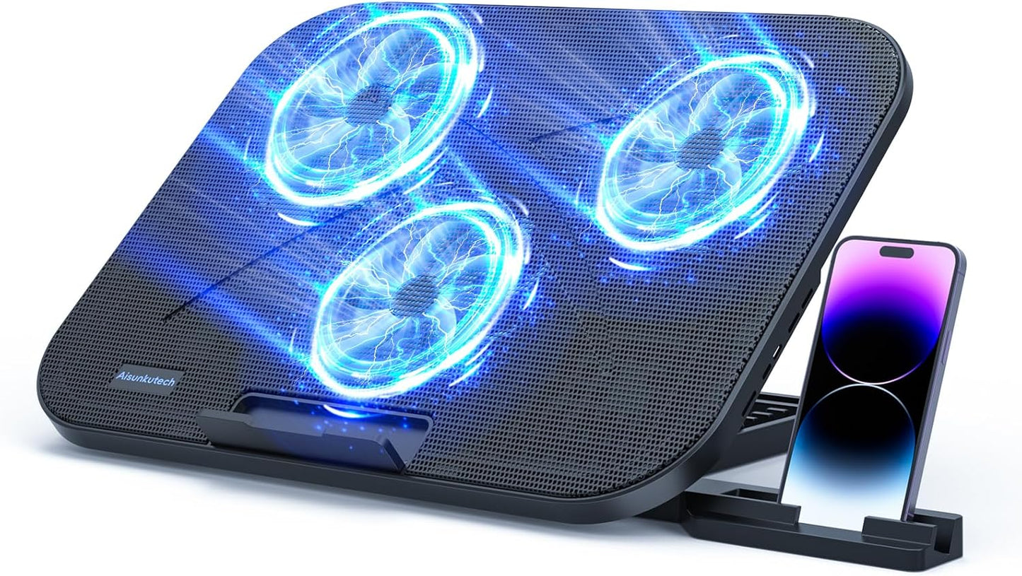Laptop Cooling Pad, Laptop Cooler 3 Fans for 12-17 Inch Laptops, Height Adjustable Laptop Cooling Stand with 2 USB Port & Phone Holder