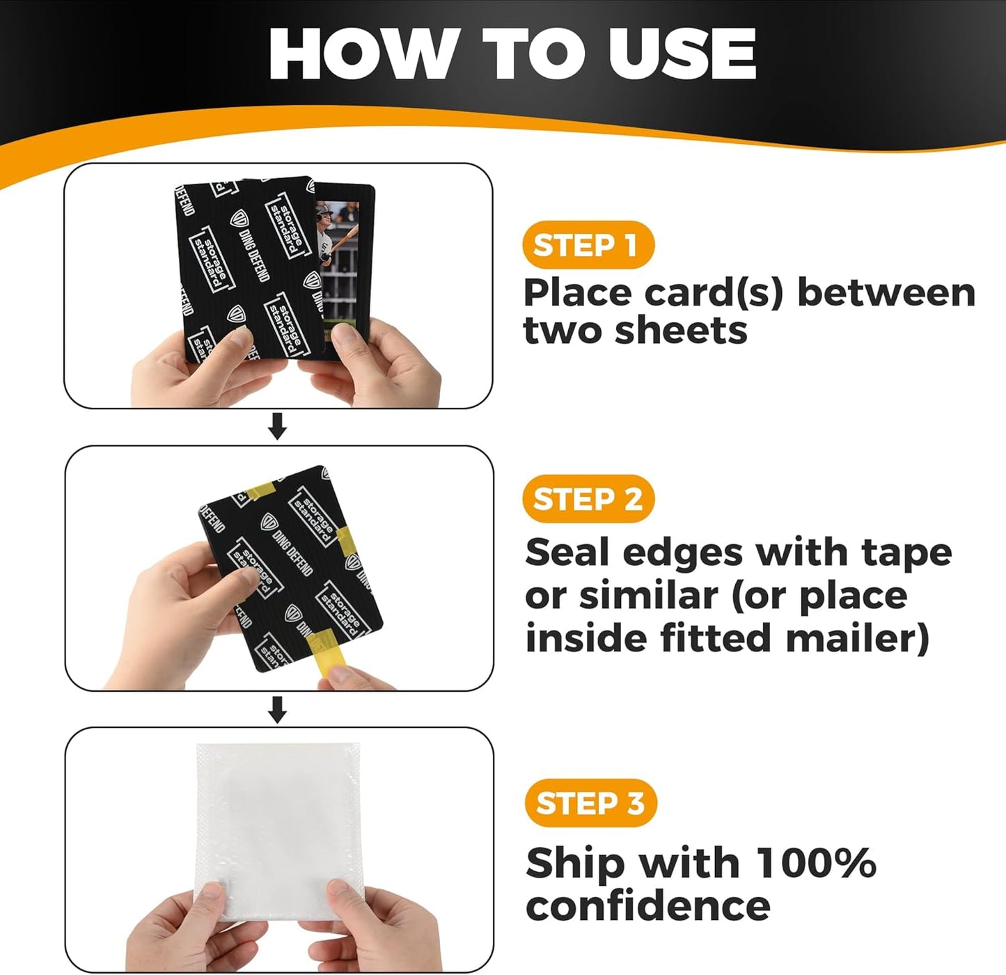 Ding Defend 110-Pack Trading Card Protector Shipping - 3.5 x 4.5 Inch Black Hobby Card Shipping Supplies w/Rounded Corners, Lightweight & Reusable for Raw Top Loaders, Semi-Rigids, Team Bags