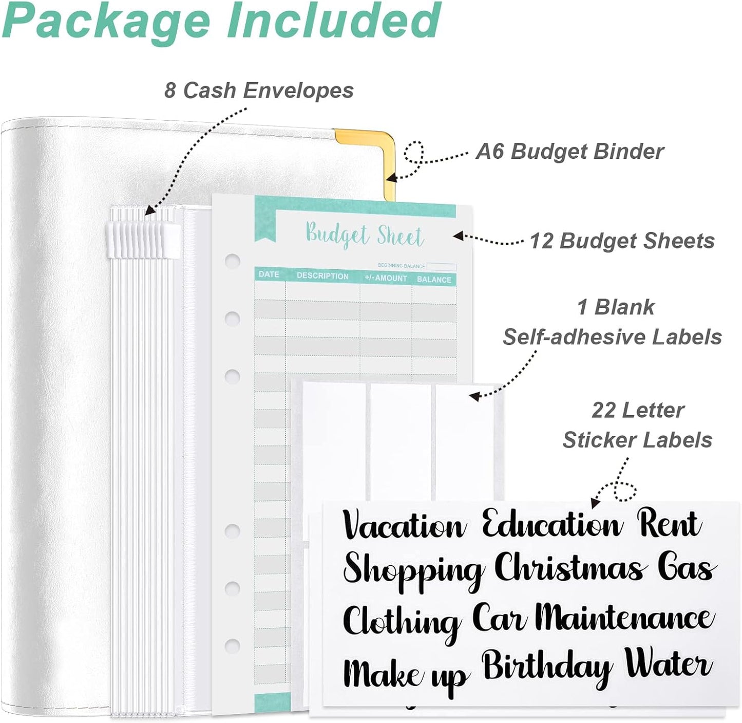 Rnivvi Budget Binder with Zipper Envelopes, A6 Money Saving Binder Cash Envelopes for Budgeting, PU Leather Planner Money Organizer for Cash Stuffing Planning, Cute System Wallet for Women Men, White