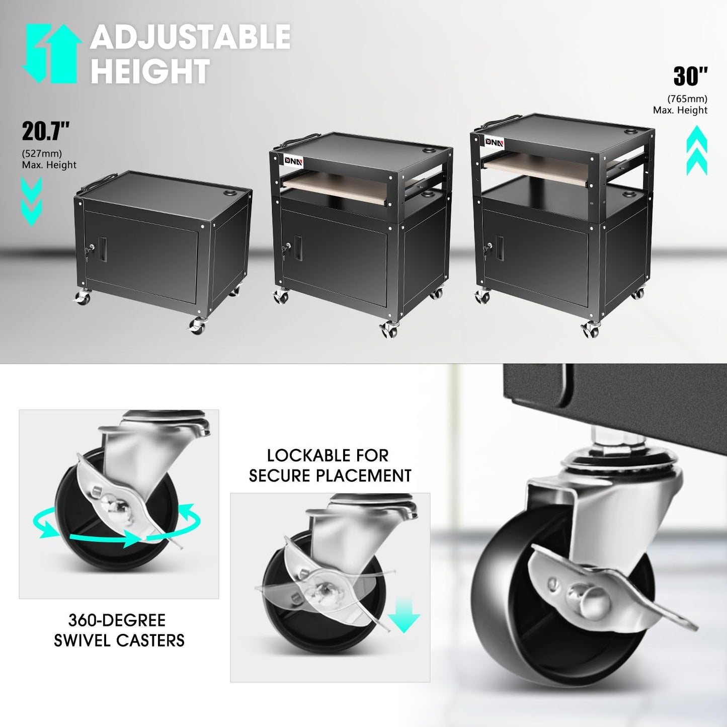 DNA MOTORING Steel AV Cart with Extra Storage, 24" X 18" X 20.7"-30" Height Adjustable 2-Layer Utility Rolling Projector Cart w/Wheels, Pull Out Tray, Power Strip, Cord Management, TOOLS-00496