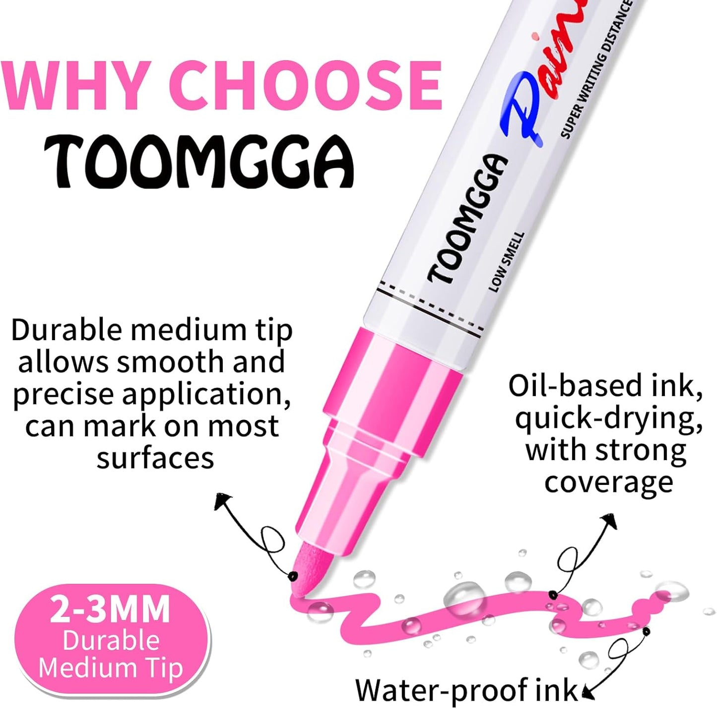 Pink Permanent Paint Pens - 6 Pack Oil Based Paint Markers, Pens For Rock Painting Car Tyre Metal, Plastic, Canvas, Mugs, Wood, Glass, Quick Drying and Waterproof, Medium Point