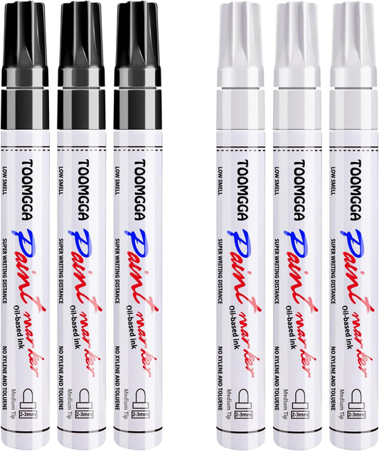 White and Black Permanent Markers Paint Pens - 6 Pack Oil Based Paint Markers, Medium Tip, Quick Drying Pens for Wood, Metal, Rock Painting, Mugs, Canvas, Clothes, Plastic Marking