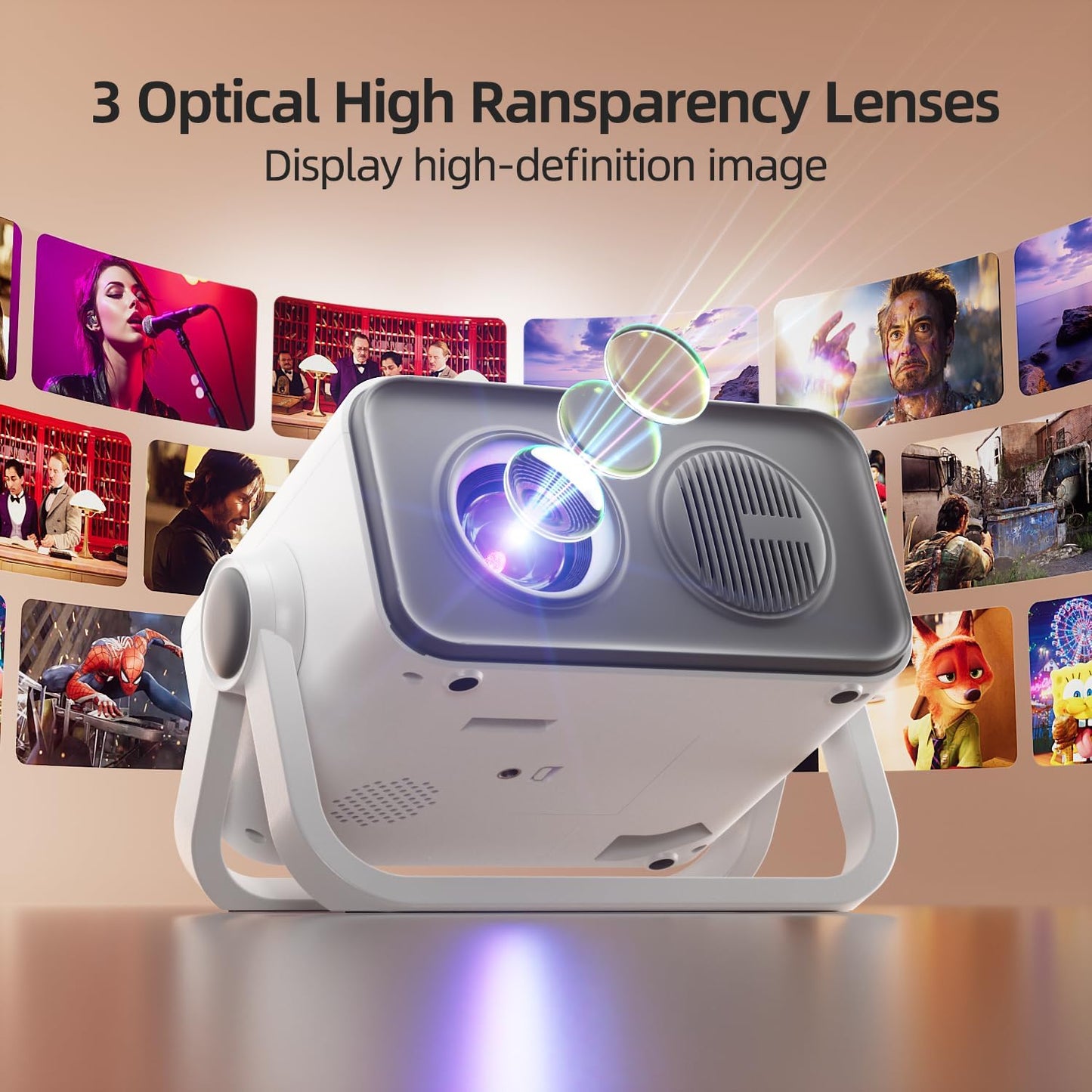 BKZ 2025 upgraded 360°Adjustable Dual Stand AI Auto Keystone Electric Focus Mini Portable Projector with Bluetooth 5.4, 1080P support Outdoor movie Projector compatible with HDMI/USB/Phone (Gray)