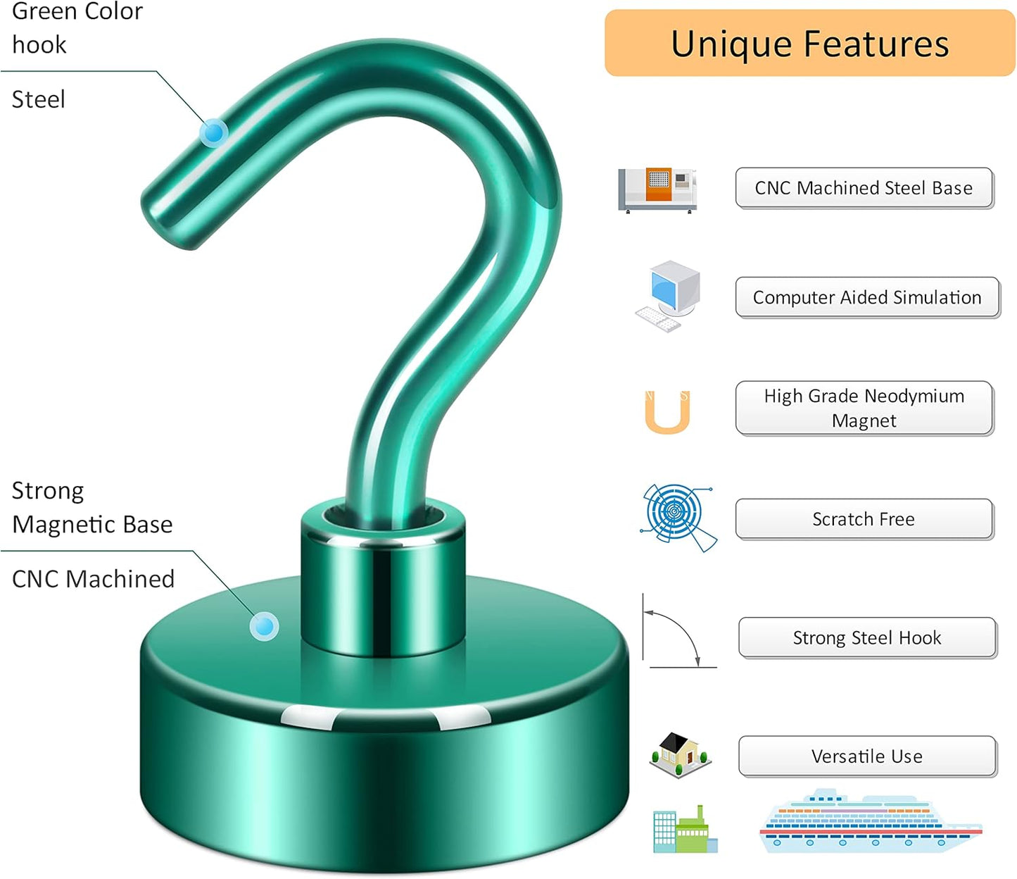 Neosmuk Magnetic Hooks,Heavy Duty Earth Magnets with Hook for Refrigerator, Extra Strong Cruise Hook for Hanging, Magnetic Hanger for Cabins, Grill (Green, 4 Pack)