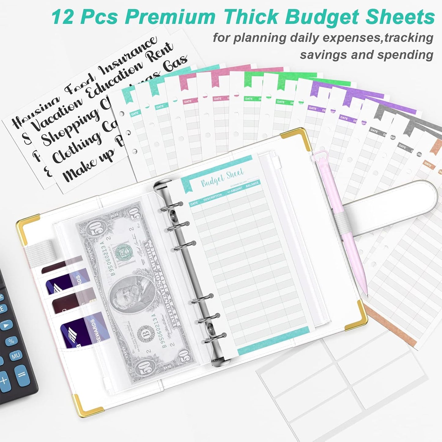 Rnivvi Budget Binder with Zipper Envelopes, A6 Money Saving Binder Cash Envelopes for Budgeting, PU Leather Planner Money Organizer for Cash Stuffing Planning, Cute System Wallet for Women Men, White