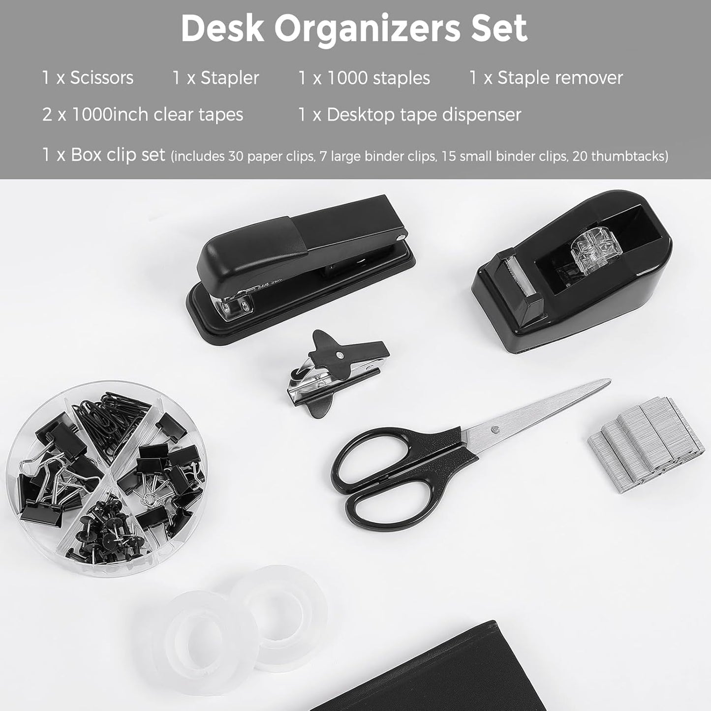 SKYDUE Black Office Supplies Set, Black Desk Accessories, Stapler, Tape Dispenser, Scissors, Binder/Paper Clips and 1000pcs Staples, Desk Supplies Set