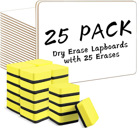 Dry Erase Lapboards, HERKKA 25 Pack Double Sided Small Dry Erase Whiteboards 9 x 12.5 Inch with 25 Erasers, Small Dry Erase Boards for Classroom Teacher Supplies, Personal White Boards for Students