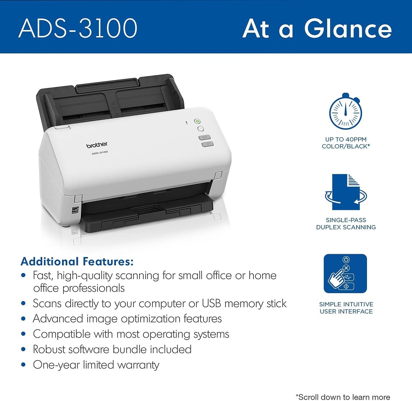 Brother ADS-3100 High-Speed Desktop Scanner | Compact with Scan Speeds of Up to 40ppm, White