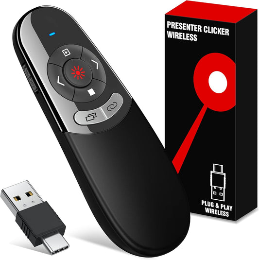 2 in 1 USB Type C Presentation Clicker with Red Light Pointer, Wireless Presenter for PowerPoint Presentation PPT Clicker, 2.4GHz Presenter Remote Slide Advancer for MacBook/Computer/Laptop