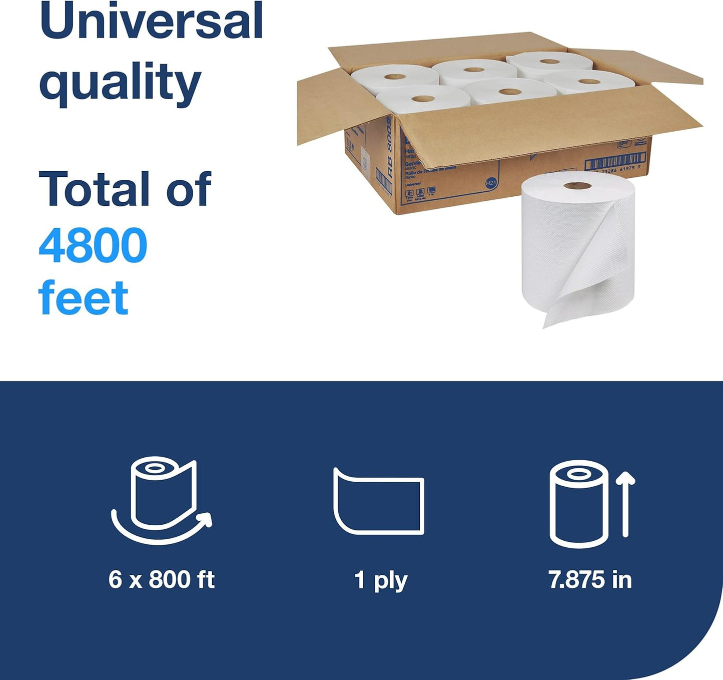 Tork Universal Hand Towel Roll White, Compatible with H21 Dispensers, 100% Recycled Fiber 6 Rolls x 800 Ft (RB8002)