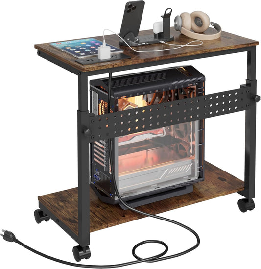 Computer Tower Stand with Charging Station, Height Adjustable 2-Tier CPU Stand with Power Strip and USB Ports, PC Tower Cart with Wheels and Printer Shelf, Rustic Brown and Black
