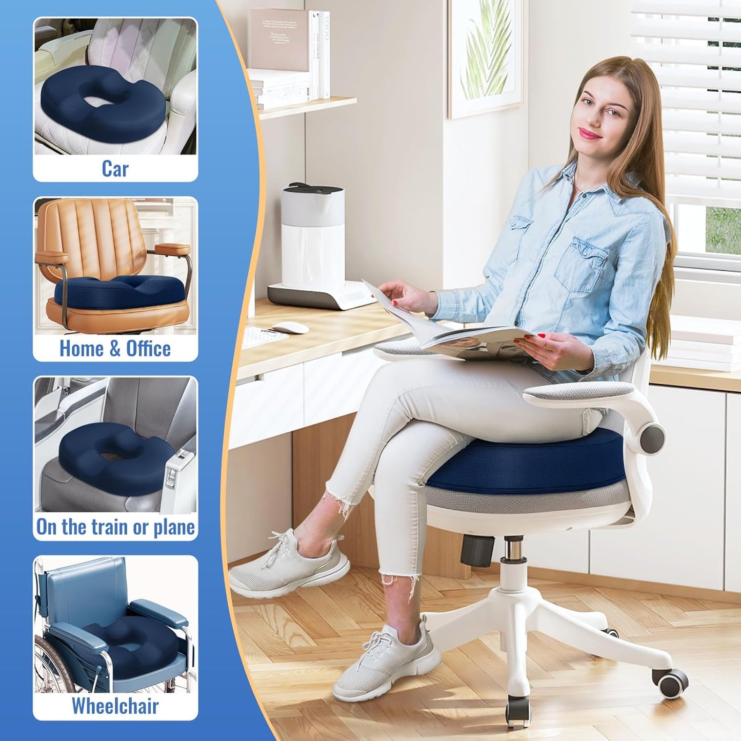 CloudBliss Donut Pillow Seat Cushion for Tailbone Pain Relief and Hemorrhoids, Memory Foam Seat Chair Cushion for Postpartum Pregnancy, Seat Cushions for Men and Women for Home & Office, (Blue-XL)