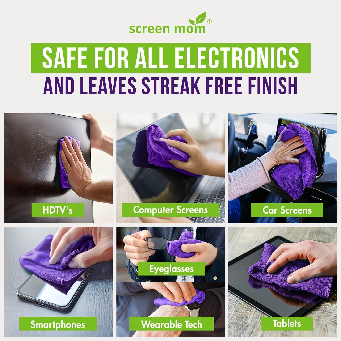 Screen Mom Screen Cleaner Spray and Microfiber Cloth 2-Pack (2x16oz) Screen Cleaner Spray and Wipe for TV, Computer, Phone, iPad, Car Screen Cleaning Kit Electronic Cleaner Spray
