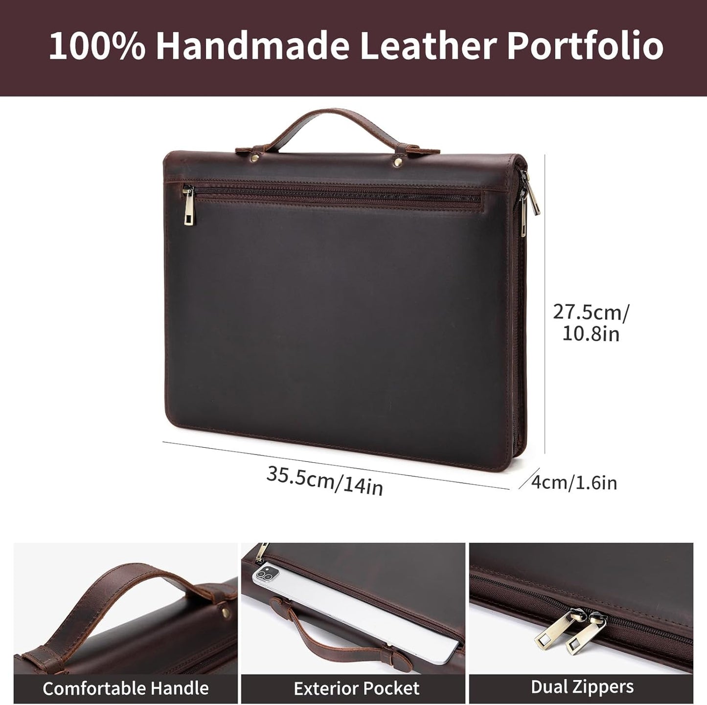 Genuine Leather Portfolio with Hidden Handle, Zippered Front Pocket, Business Padfolio for Men and Women, 8.5 x 11 Legal Pad Notebook Holder, Office Letter Notepad Folio, Dark Brown