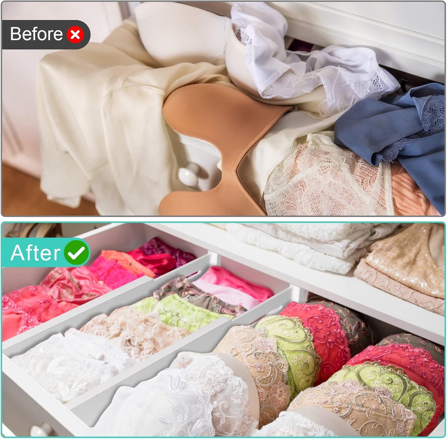 FJO 4 Pack Adjustable Bamboo Drawer Dividers - 11.8" - 17" Expandable Drawer Separators for Kitchen, Utensils, Clothes, Bedroom, Dresser, Bathroom (White)