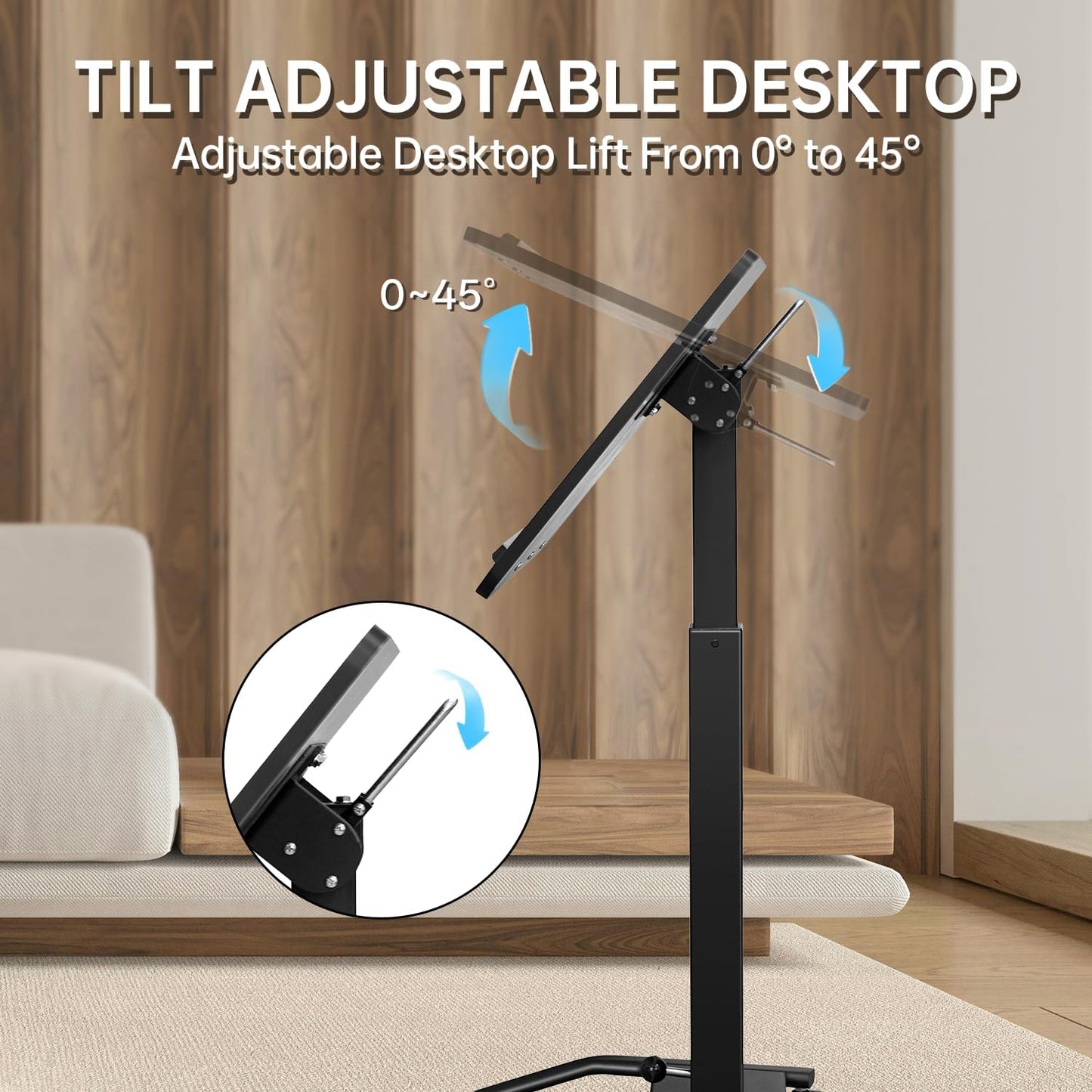 Mobile Standing Desk with 45° Tilting Desktop, Portable Rolling Standing, Height Adjustable Sit Stand Foldable with Wheels, Mobile Desk Workstation for Home Office (Black, Large)