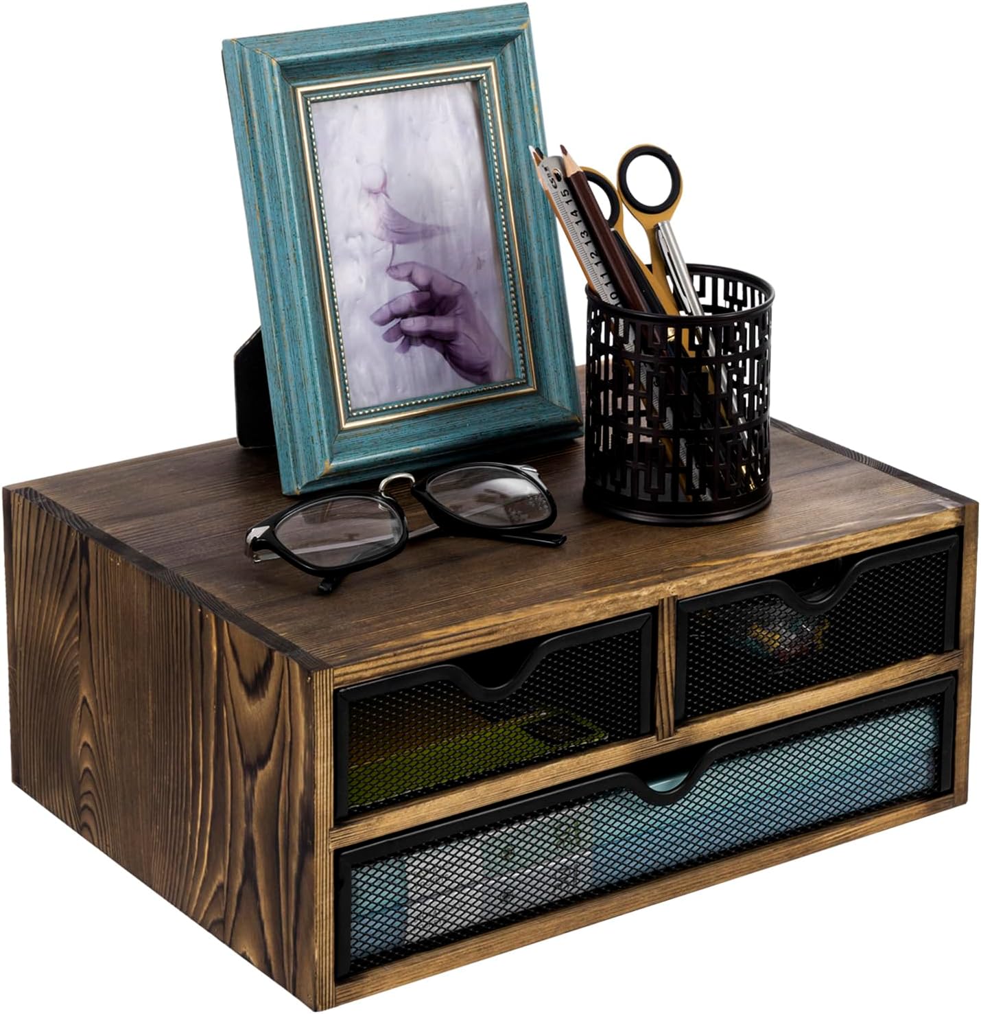 MyGift Rustic Burnt Brown Solid Wood Desktop Organizer Box with 3 Removable Black Metal Mesh Trays, Office Desk Supplies Storage Drawers for Accessories