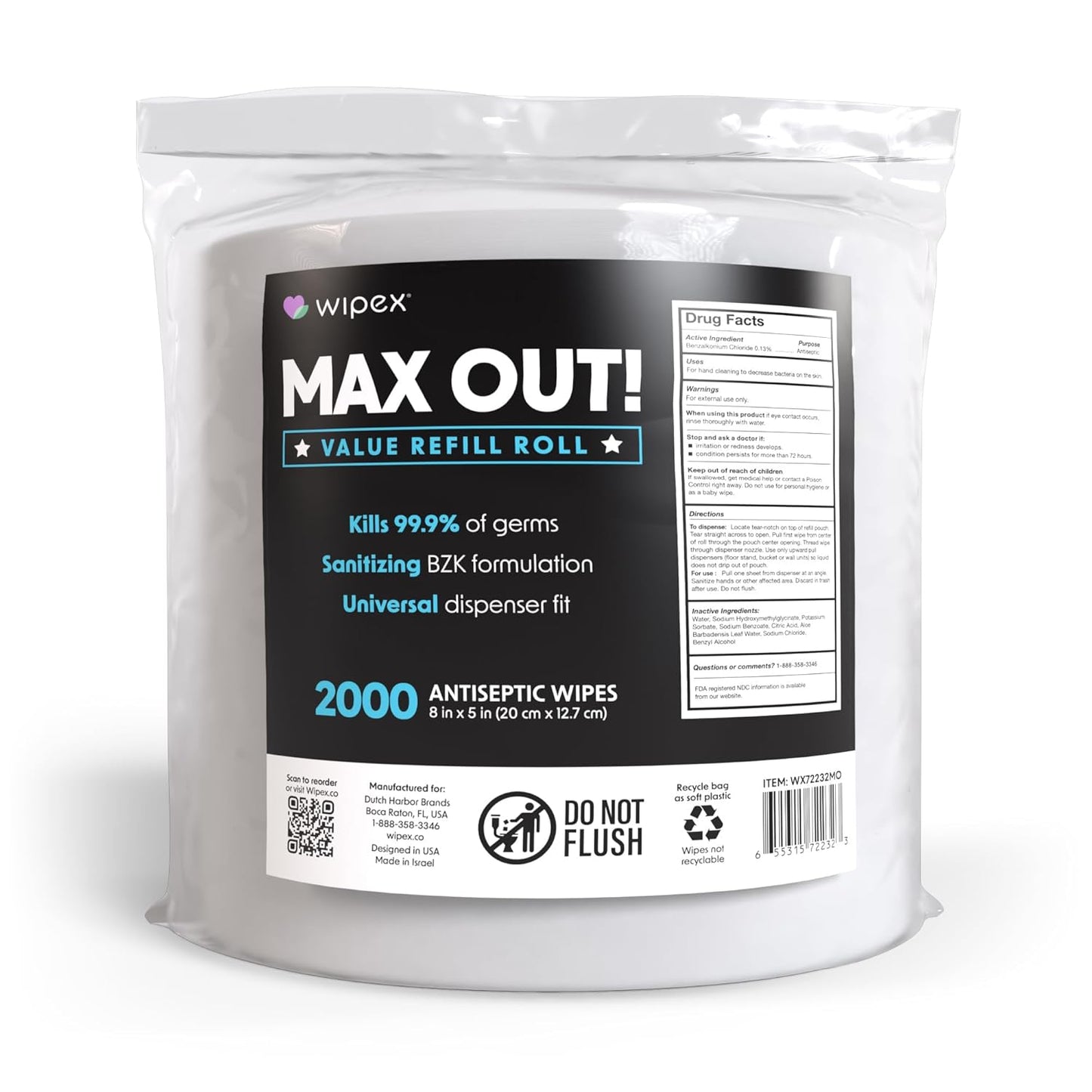 Wipex Max Out Sanitizing Wipes for Gyms - 2000 Wipes Economy Size Refill Rolls for Dispensers, 5"x8" - Ideal for High Volume Commercial Wellness Centers, Schools, Public Facilities & Studios