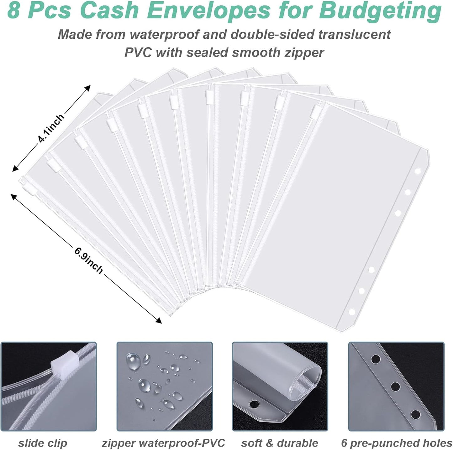 Rnivvi Budget Binder with Zipper Envelopes, A6 Money Saving Binder Cash Envelopes for Budgeting, PU Leather Planner Money Organizer for Cash Stuffing Planning, Cute System Wallet for Women Men, Beach