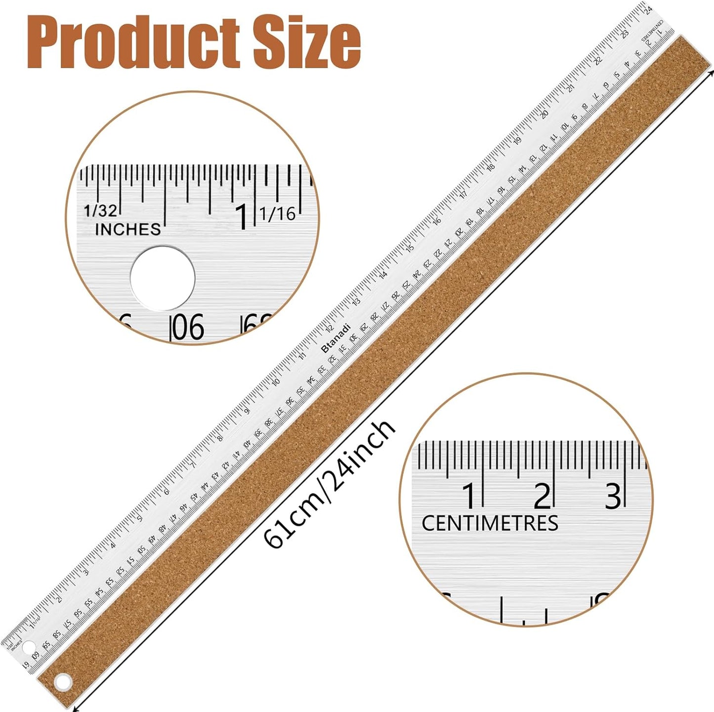24 Inch Metal Ruler, Stainless Steel Straight Edge Ruler with Cork Backing, Non-Slip Imperial & Metric Measuring Tool for School, Office, Woodworking, Drafting