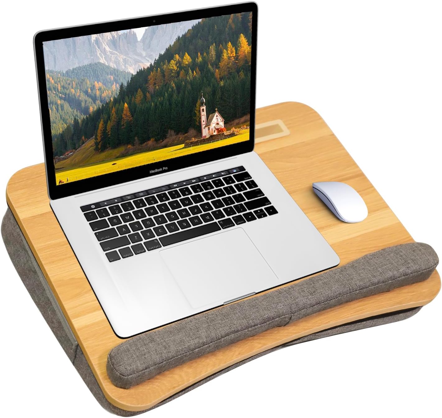 Portable Lap Desk for Laptop with Cushion, Storage Bag Fits Up to 15.6 Inch Laptop, Adults with Ipad/Phone & Pillow Holder for Home Office Bed Couch- Light Wood Color