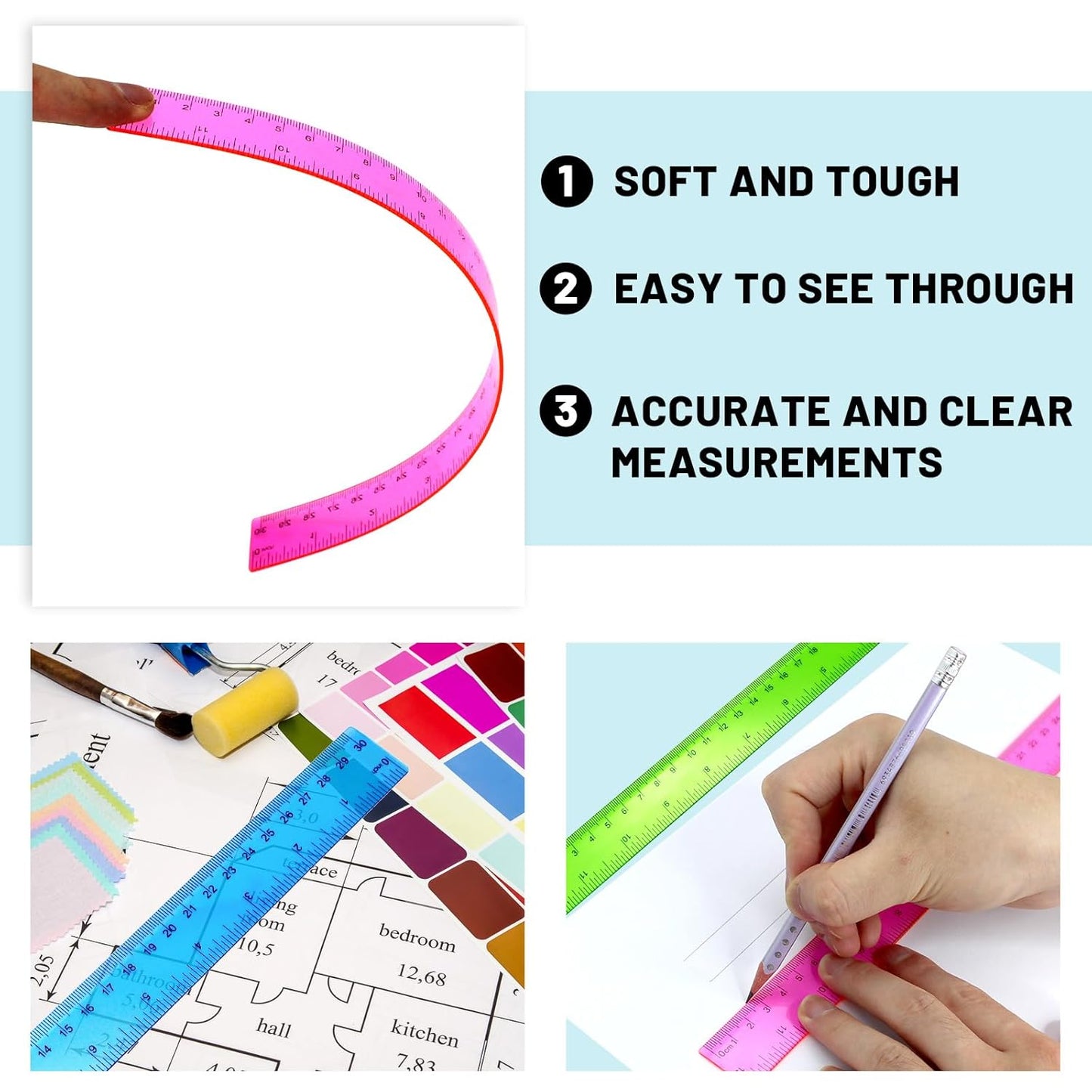 30 Pack Clear Ruler Plastic Rulers 12 Inch Transparent Assorted Color Kids Ruler Bulk for School with Centimeters Millimeter and Inches, Measuring Tools for Student School Office Home