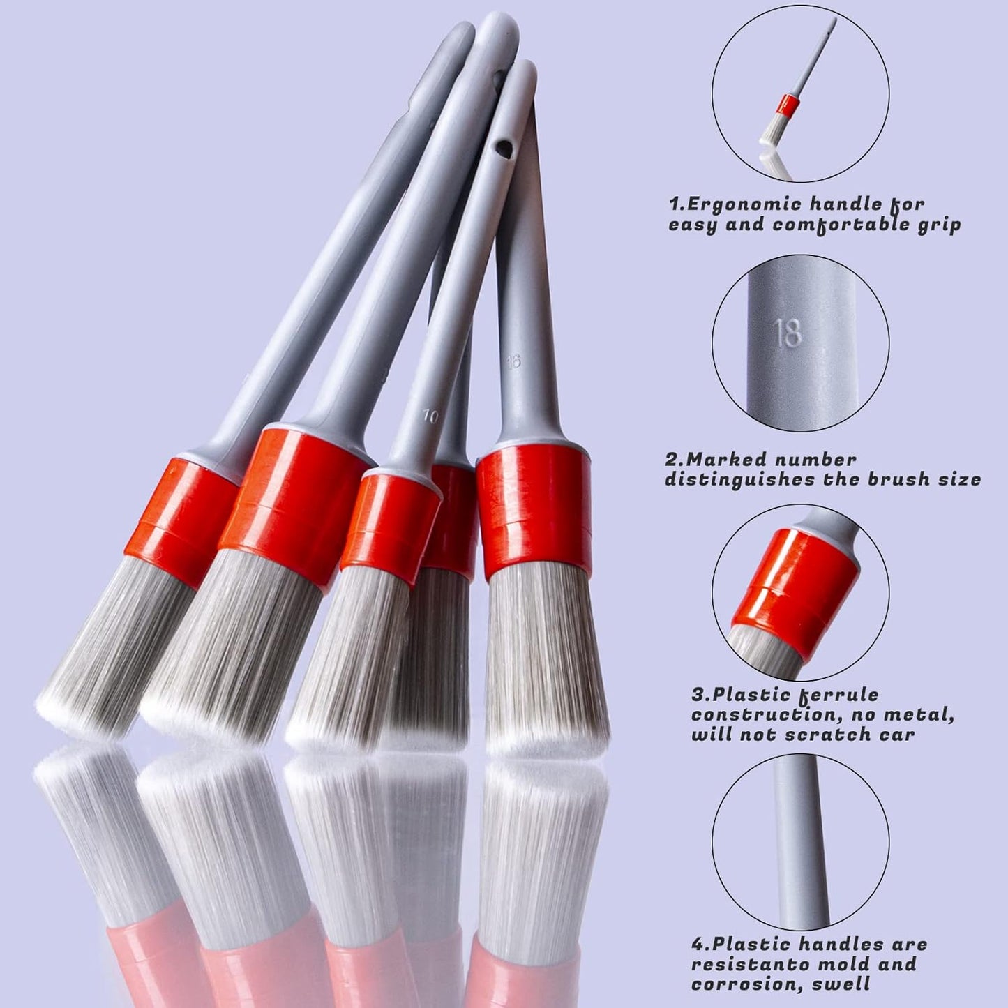 Detailing Brush Set - 5 Different Sizes Premium Natural Boar Hair Mixed Fiber Plastic Handle Automotive Detail Brushes for Cleaning Wheels, Engine, Interior, Air Vents, Car, Motorcy Grey