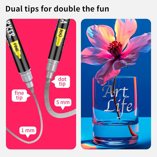 NAWOD 3 Silver Acrylic Paint Pens Markers, Dual Tip (Fine 1mm + Dot 5mm), for Rock Painting Fabric Canvas Glass Wood Ceramic Paper Eggs, Fabric Marker Ideal for Labeling DIY Crafts Art Projects