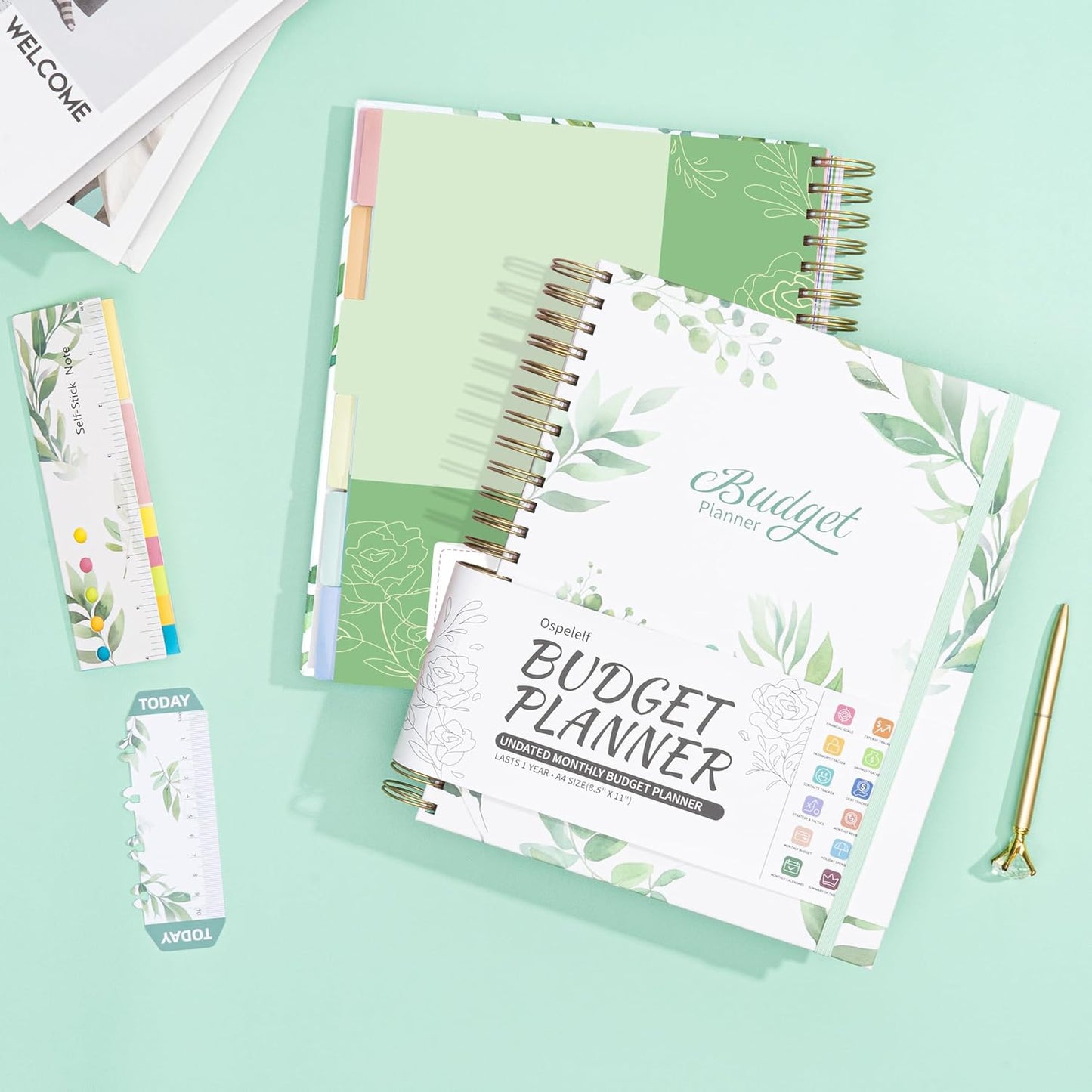 Ospelelf Budget Planner - Monthly Budget Book with Expense Tracker Notebook, Undated 12 Month Bill Organizer & Finance Planner, A4 Account Book with 12 Index Pockets, Zipper Pouch, Stickers(Green)