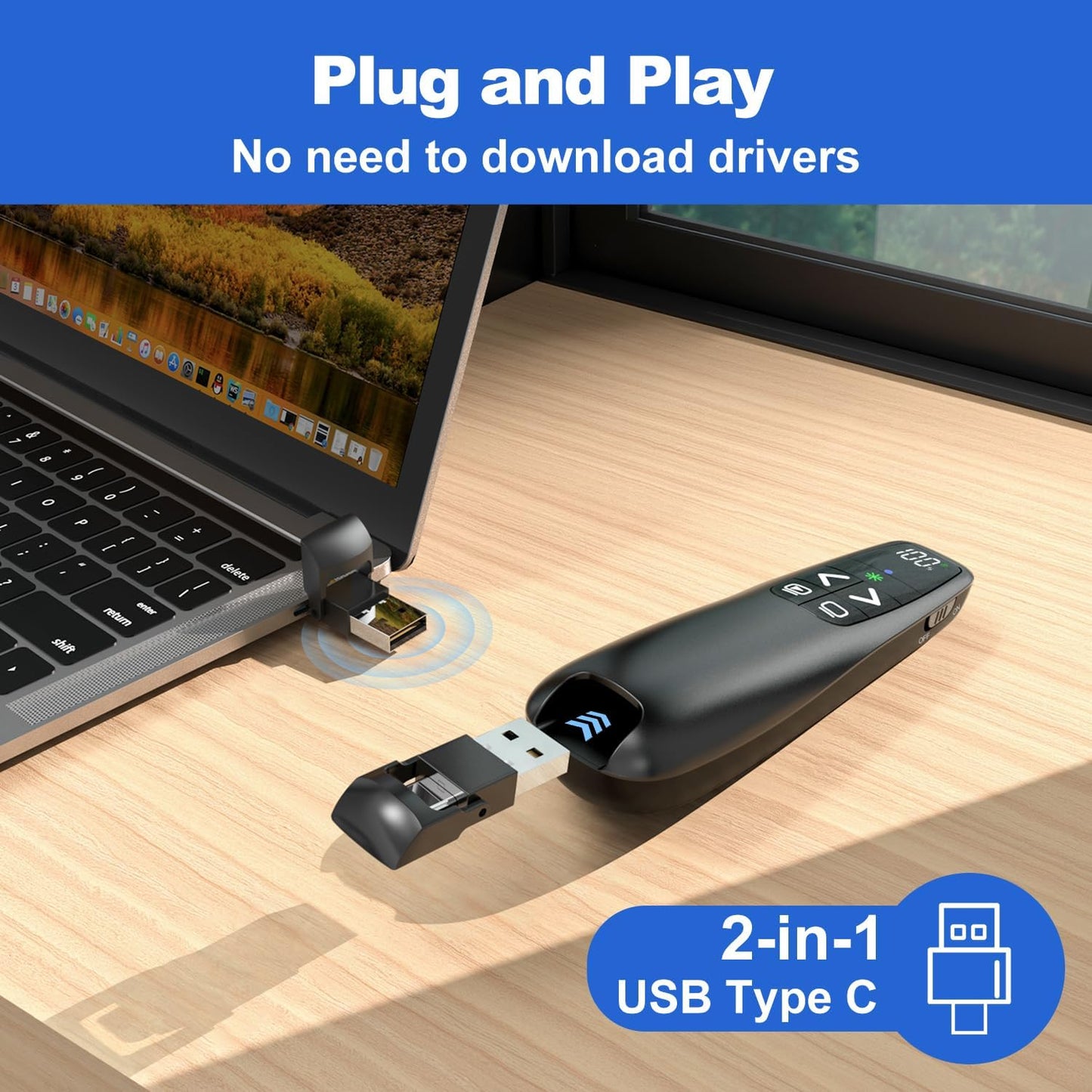 Rechargeable Presentation Clicker with Case, Power Digital Display Wireless Presenter Remote, USB C Green Light Pointer Computer PowerPoint PPT Clickers for Mac Laptop, Slideshow Google Slide Advancer