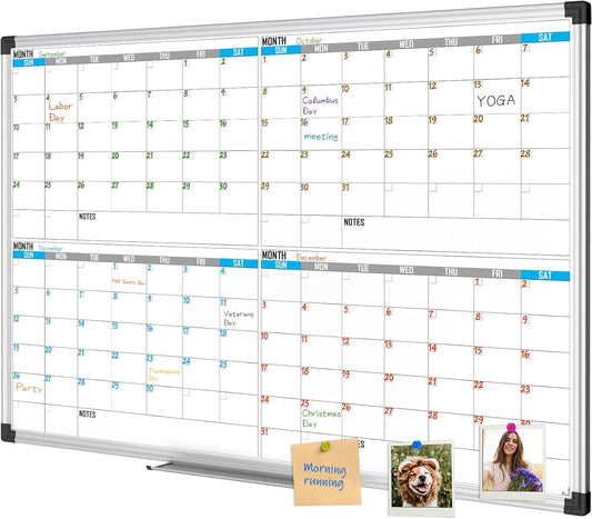 XBoard Magnetic Calendar Whiteboard 36" x 24", 4 Months Calendar Dry Erase Board, Silver Aluminium Framed White Board Planner for Home School Office Organization