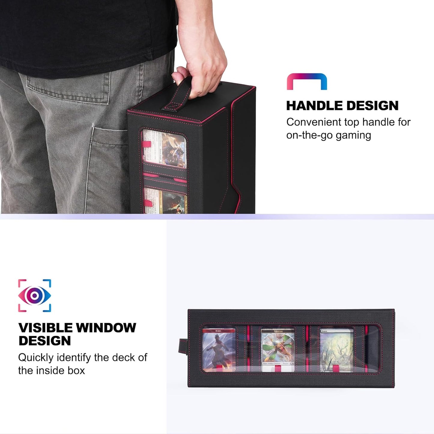 Commander Deck Box for MTG, 6-Deck Modular Card Case with Dice Tray Holds 600+ Double-sleeved Cards, Removable Trading Cards Storage Box with 35PT Magnetic Card Holders for TCG, Black Red