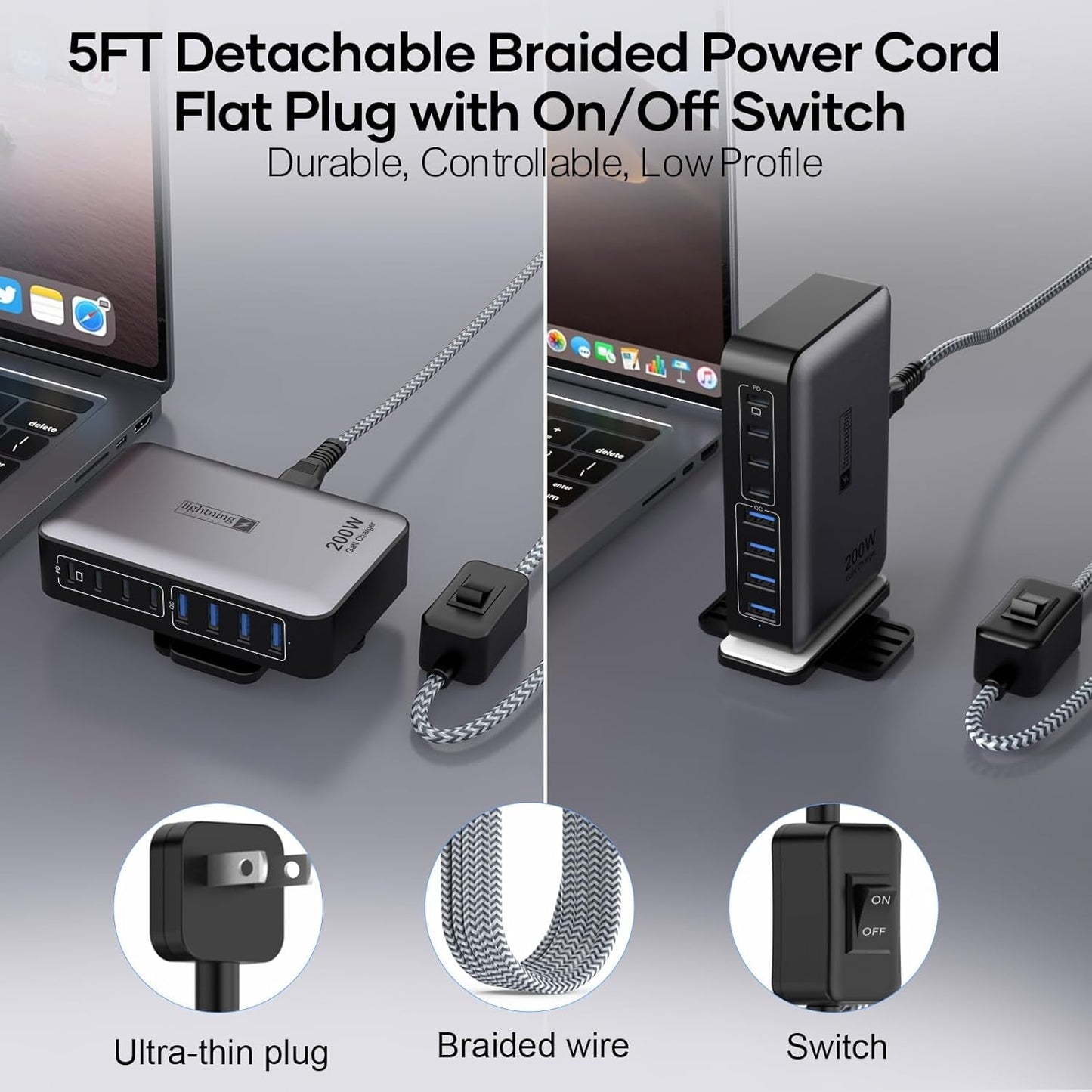 USB C Fast Charger Block 200W, 8 Ports Charging Station for iPhone/Ipad/MacBook, 4C4A GaN Charger Box, Flat Plug Multi Chargers for All Devices 5ft Braided Power Cord with On/Off Switch