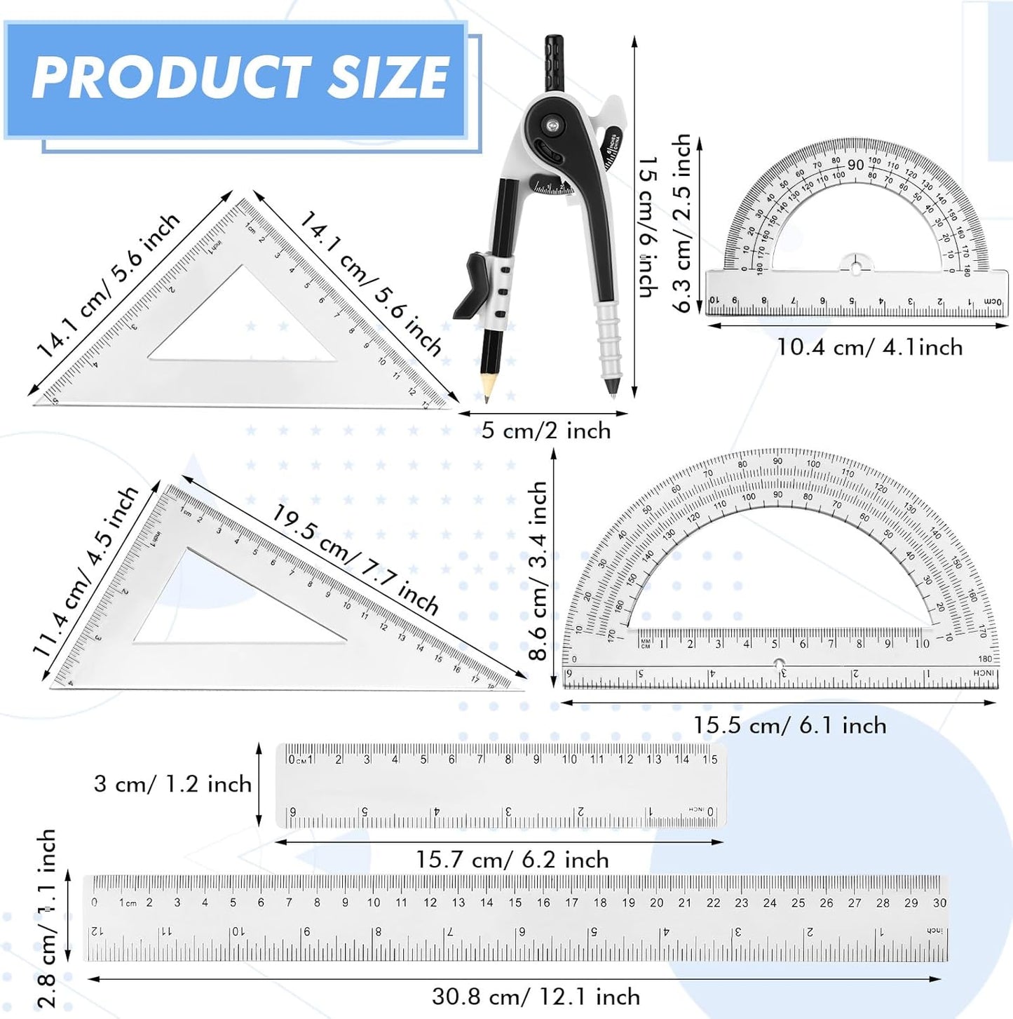 Zonon 1 Set Plastic Geometry Math Set 7 Pcs Includes 6'' / 4 '' Protractor, Drawing Compass, 45/60 Degree Triangle Rulers, 12'' / 6'' Math Ruler Transparent for Office Supplies(Clear)