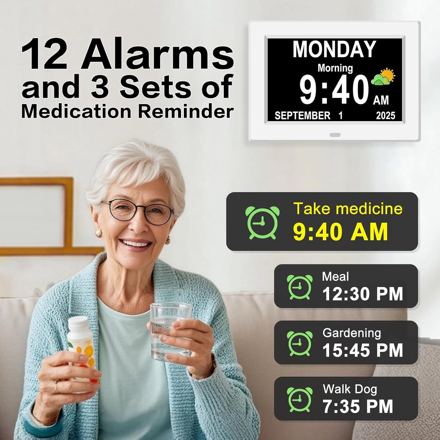 DIWAKREM 7'' Large Display Digital Clock for Seniors, Digital Calendar Alarm Clock for Elderly Clock with Date Day of Week 12 Alarms 4 Colors Desk Wall Clocks for Alzheimers Dementia Auto DST/Dimmer