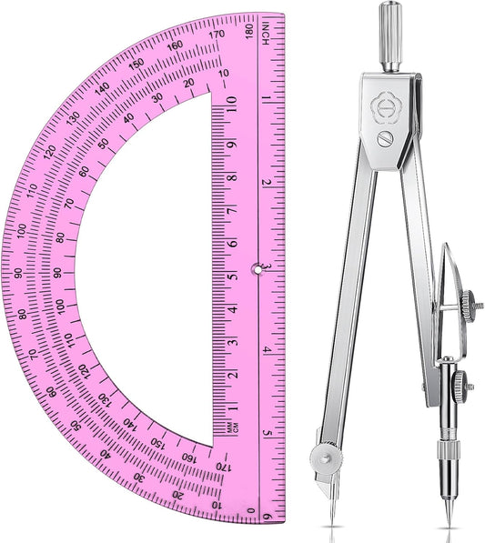 EBOOT Student Geometry Math Set, Drawing Compass and 6 Inch Swing Arm Protractor 180 Degree Math Protractor (Pink)