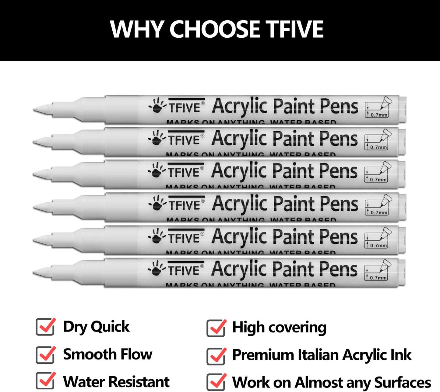 White Marker Paint Pens - 6 Pack Acrylic White Permanent Marker, 0.7mm Extra Fine Tip Paint Pen for Art projects, Drawing, Rock Painting, Stone, Ceramic, Glass, Wood, Plastic, Metal, Canvas DIY Crafts