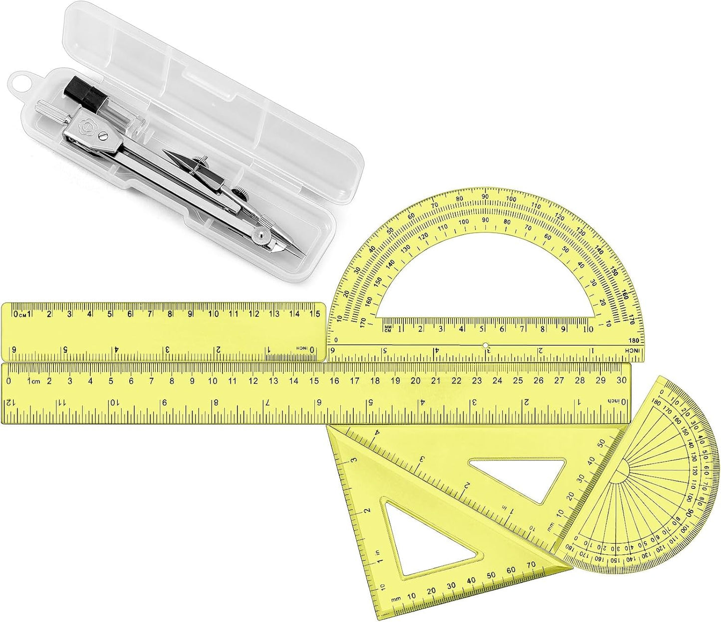 Zonon 1 Set Plastic Geometry Math Set Includes Drawing Compass, 6 Inch 4 Inch Protractor, 45/60 Degree Triangle Rulers 12 Inch 6 Inch Math Ruler Transparent for Office Supplies(Yellow)