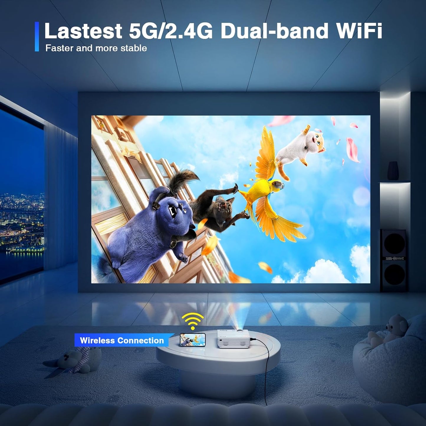 AuKing Projector,2025 Upgraded Mini Projector with Wifi and Bluetooth, Full HD 1080P Home Theater Video Projector Compatible with HDMI/USB/AV/Smartphone/TV Box/Laptop