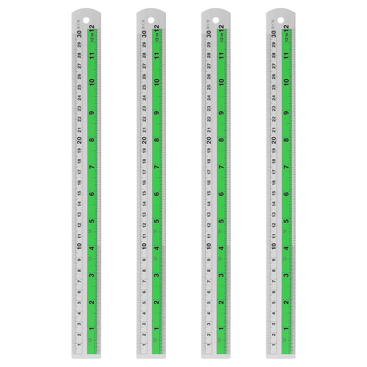 HARFINGTON 4pcs Metal Straight Ruler 30cm Metric SAE Aluminum Alloy Measuring Rulers Scale Tool with Hole for Measure Study Reading Classroom Office, Green