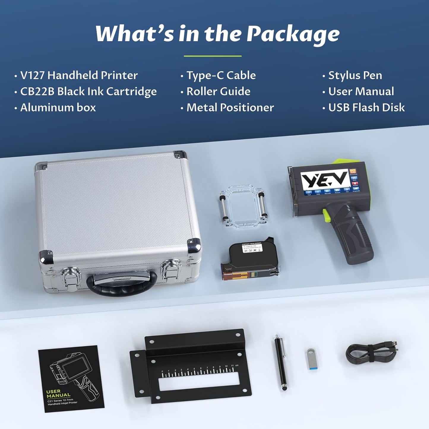 YEV Handheld Inkiet Printer V127 Newly Enhanced 16-Hour Continuous Printing 5 Wheel Support for Printing Batch Numbers, Logos, Serial Numbers, Barcodes, and QR Codes on Diverse Materials (Green)
