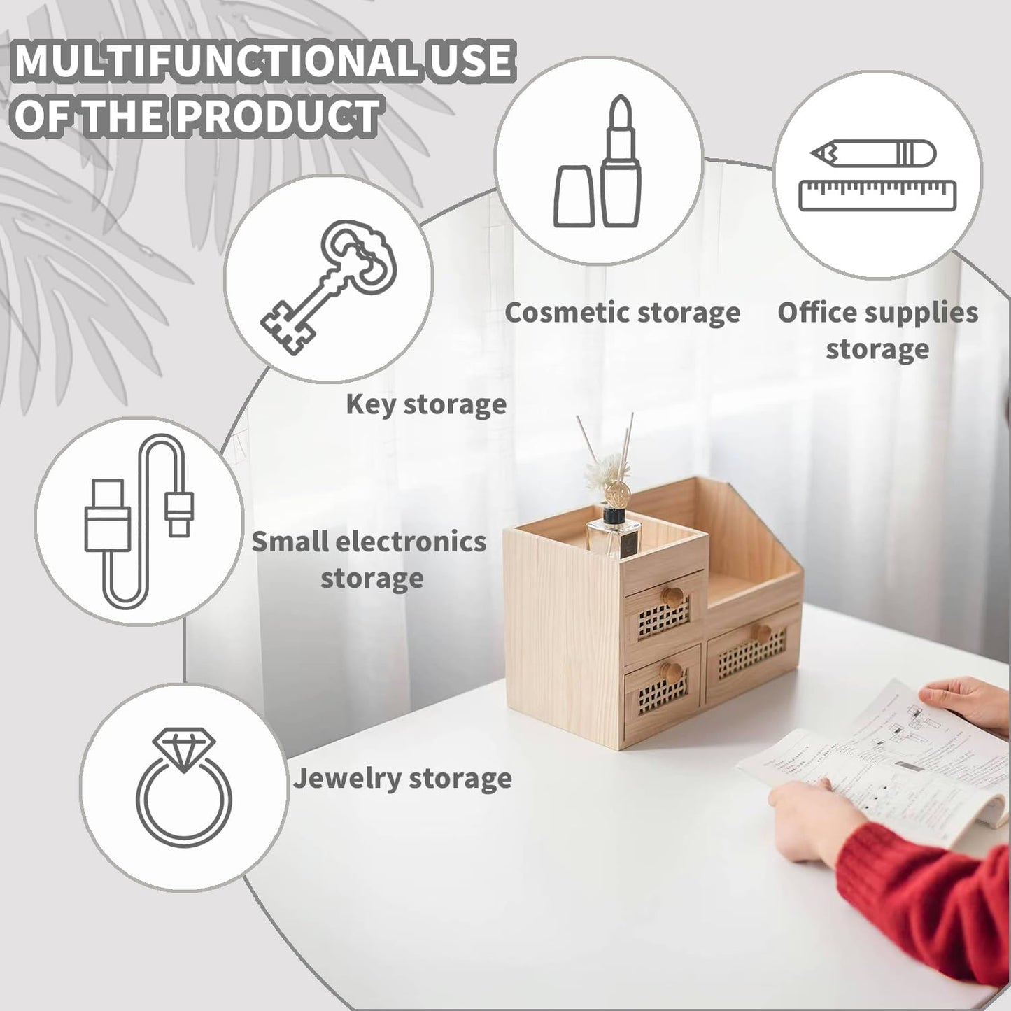 GYASVWU Bamboo Desk Organizer-No Assembly Required,Mini Bamboo Desk Drawer Organizer,Tabletop Storage Box for Office/kitchen counter/Bedroom, No Assembly Required (3 Drawer with Shelf)