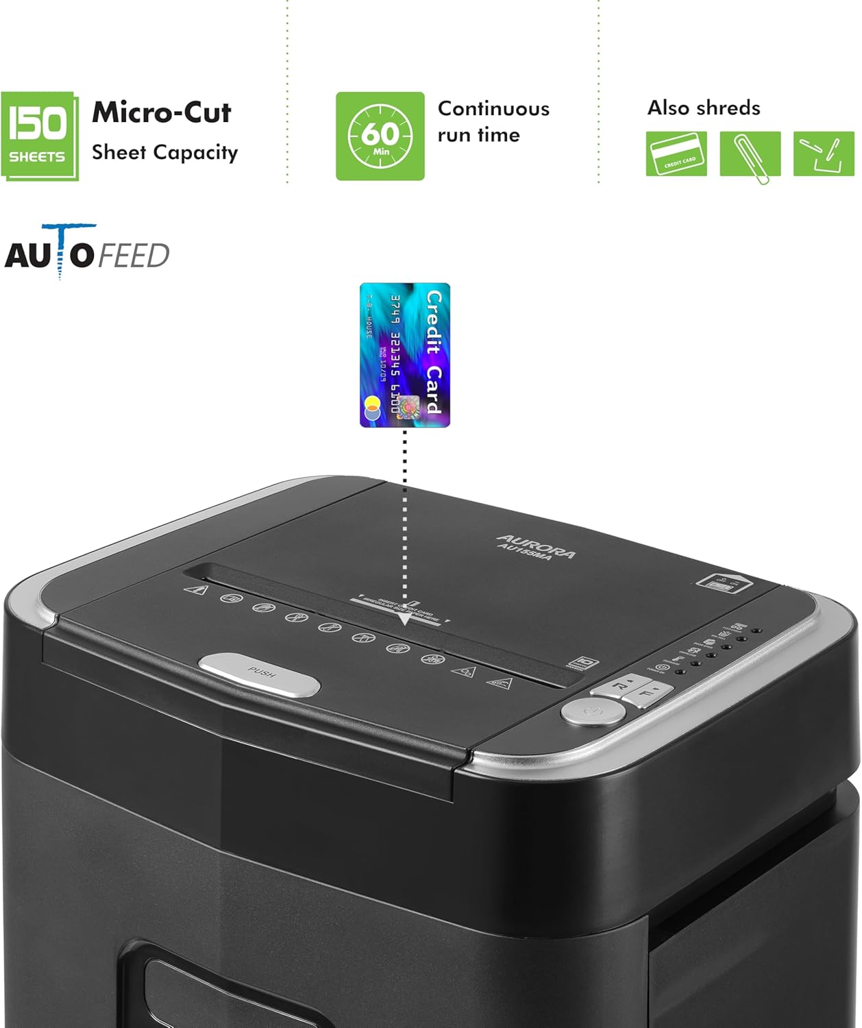 Aurora Professional Grade 150-Sheet Auto Feed Micro-Cut Paper and Credit Card Shredder with 6.3 Gallon Pullout Basket / 60 Minutes/Security Level P-4