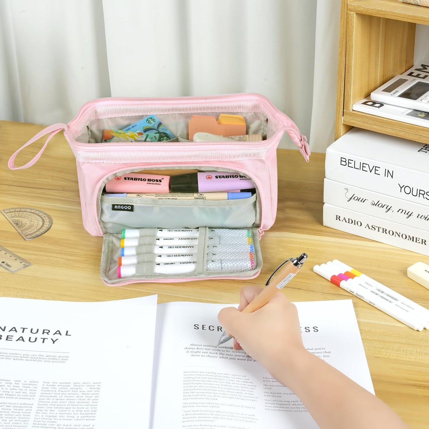 MAMUNU Pencil Case Pouch Large Capacity with Compartments, Pencil Case Pouch Bag with Zipper Handle for Teen Girls Adults Women, Portable Pen Bag Stationery Organizer for Office School Travel, Pink