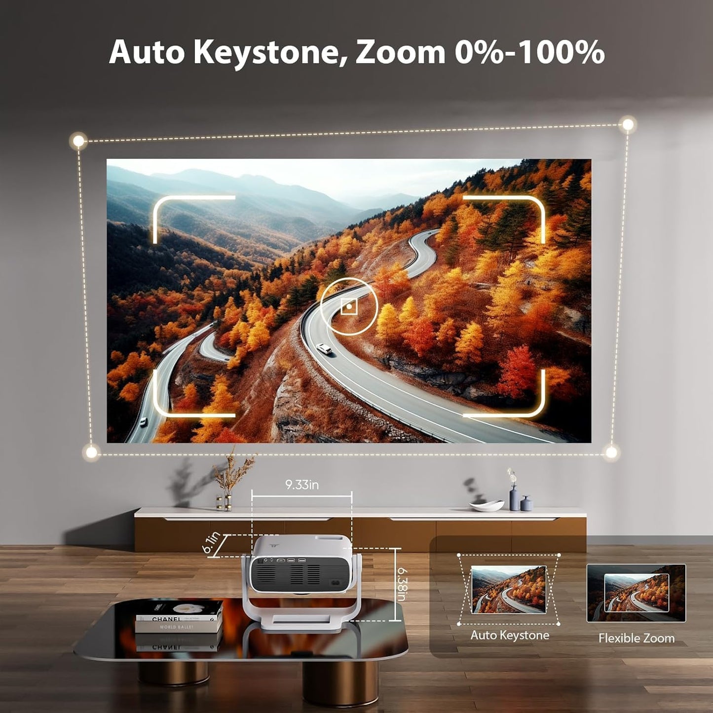 Smart Projector with WiFi 6 and Bluetooth Built-in Apps - 4K Support Portable Bedroom Mini Projector Native 1080P , 2025 New Auto Keystone & Zoom Home Theater Cinema Movie Proyector, 120° Stand