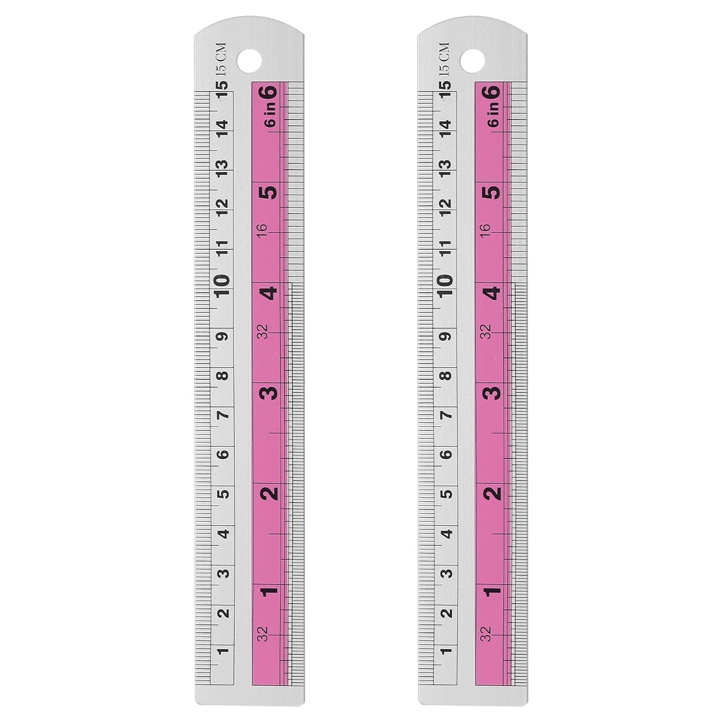 HARFINGTON 2pcs Metal Straight Ruler 15cm Metric SAE Aluminum Alloy Measuring Rulers Scale Tools with Hole for Measure Study Reading Classroom Office, Pink
