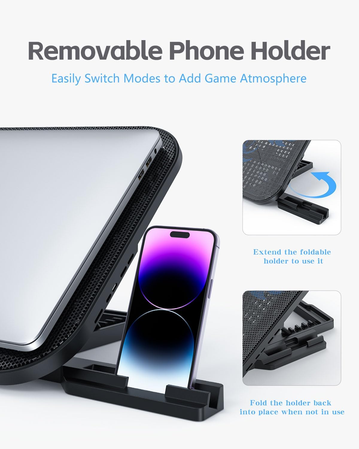 Laptop Cooling Pad, Laptop Cooler 3 Fans for 12-17 Inch Laptops, Height Adjustable Laptop Cooling Stand with 2 USB Port & Phone Holder