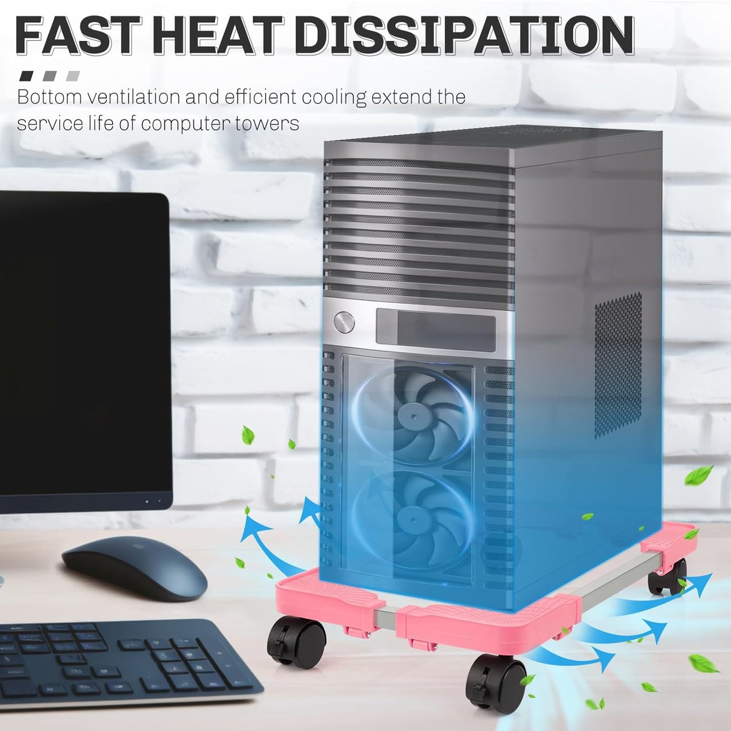 Liitrton Mobile CPU Tower Stand with Ventilation, 4 Locking Casters, Multiple Colors, Fits Most Under Desk Stands for Office Gamers (Pink)