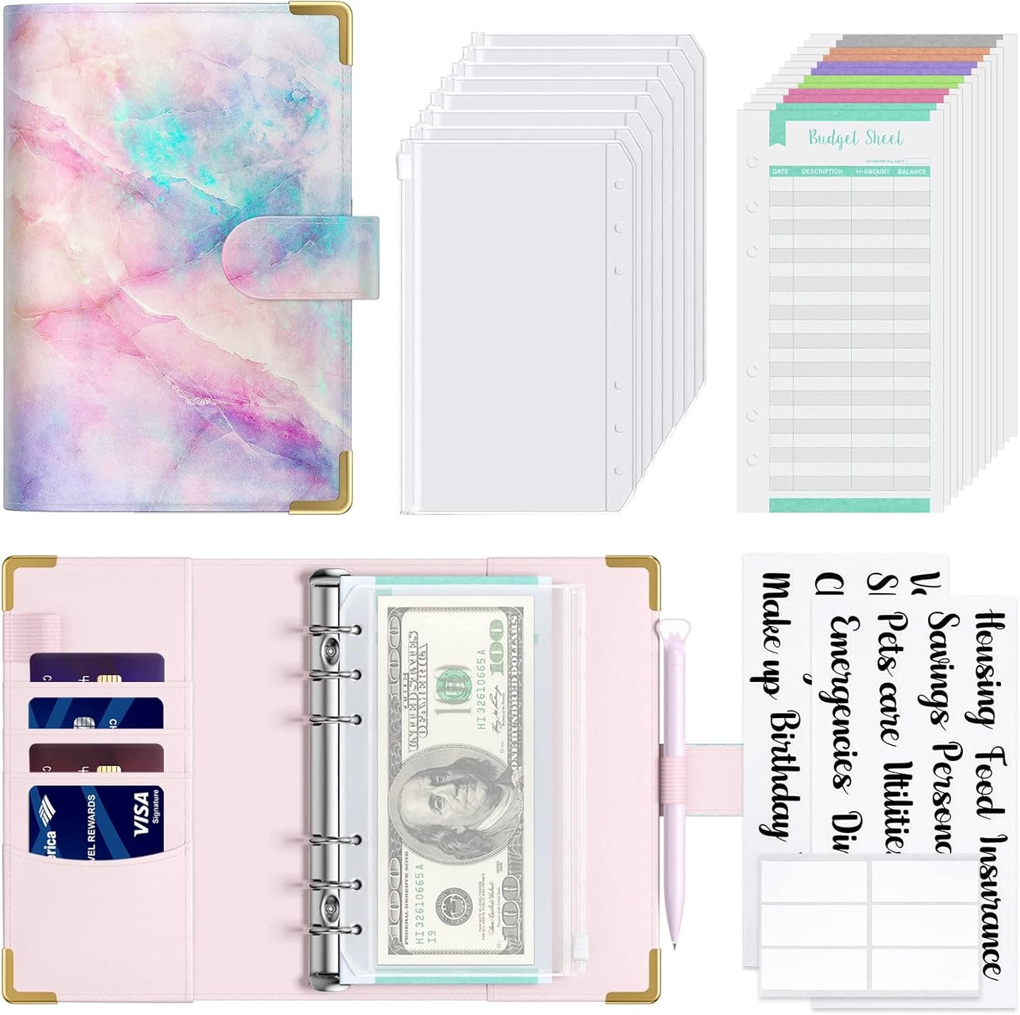 Rnivvi Budget Binder with Zipper Envelopes, A6 Money Saving Binder Cash Envelopes for Budgeting, PU Leather Planner Money Organizer for Cash Bills, Cute System Wallet for Women Men, Colorful Marble